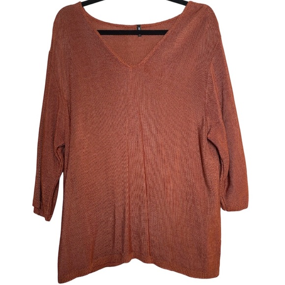 POWWOW Burnt Orange V Neck Chain Link Knit 3/4 Length Sleeve Top - Picture 1 of 6